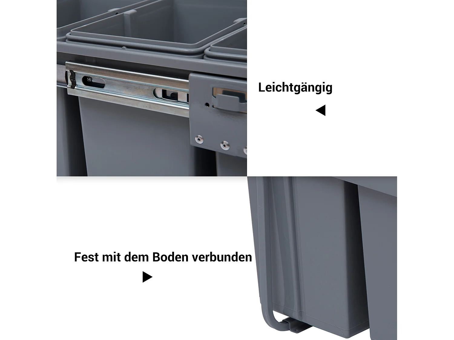 Inbouwafvalbak 40L, sorteersysteem met 3 uitneembare bakken, kunststof, grijs (48x34,2x41,8 cm)