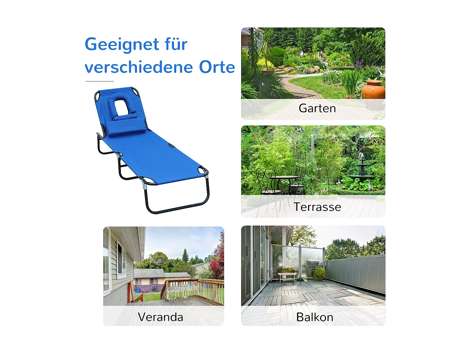 Chaise longue de jardin, chaise avec ouverture pour lecture, tissu Oxford, bleu, (190x56x28 cm)