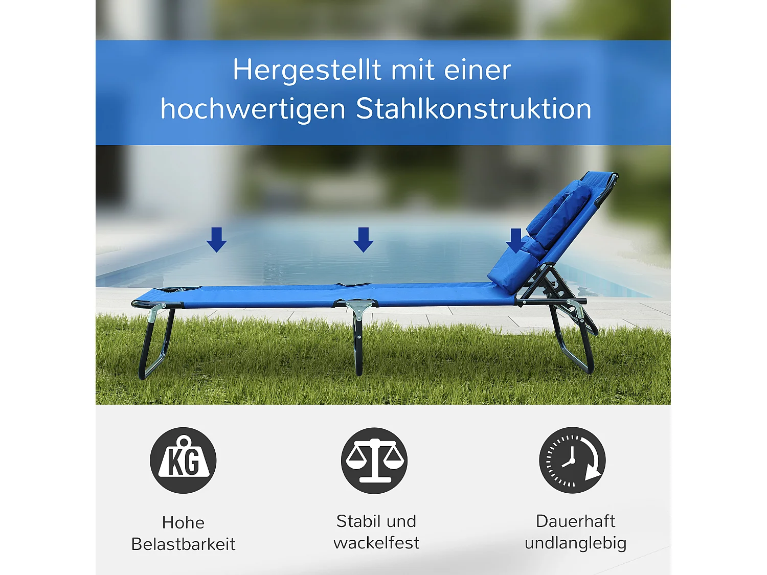 Chaise longue de jardin, chaise avec ouverture pour lecture, tissu Oxford, bleu, (190x56x28 cm)