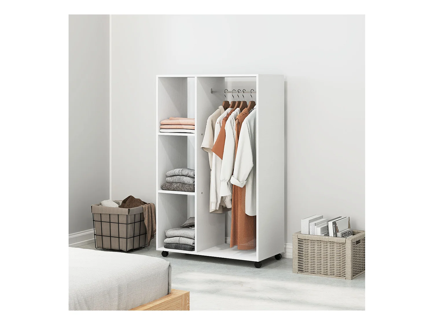 Armoire mobile à roulettes, avec étagères et barre de penderie, bois mélaminé, blanc (80x40x128 cm)