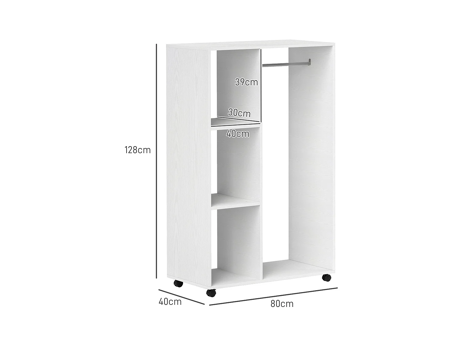 Armoire mobile à roulettes, avec étagères et barre de penderie, bois mélaminé, blanc (80x40x128 cm)