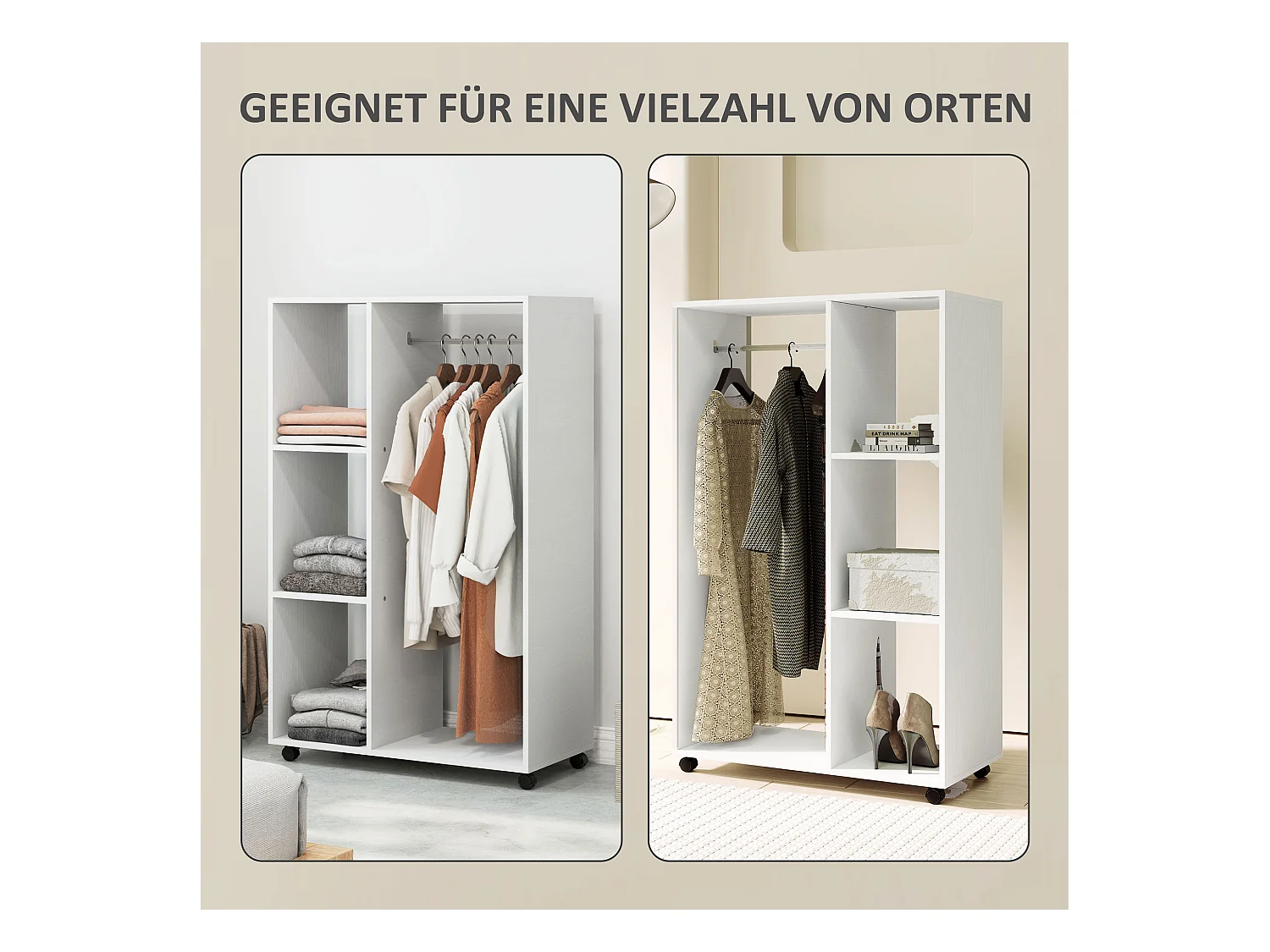 Armoire mobile à roulettes, avec étagères et barre de penderie, bois mélaminé, blanc (80x40x128 cm)