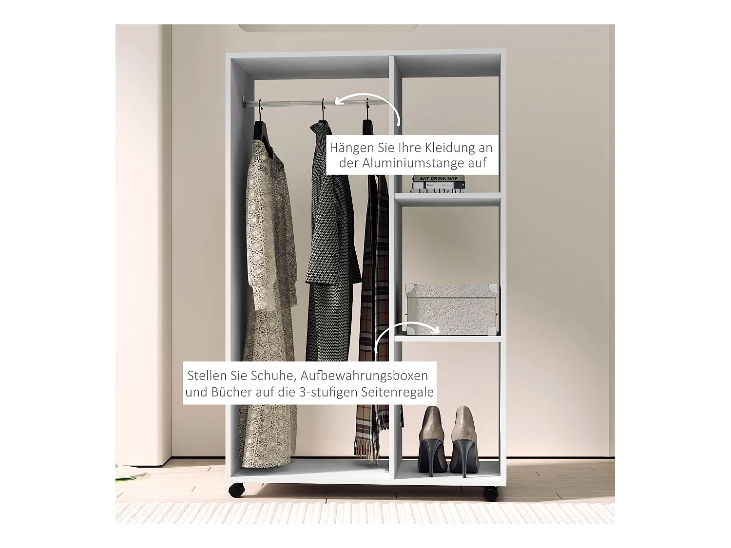 Armoire mobile à roulettes, avec étagères et barre de penderie, bois mélaminé, blanc (80x40x128 cm)