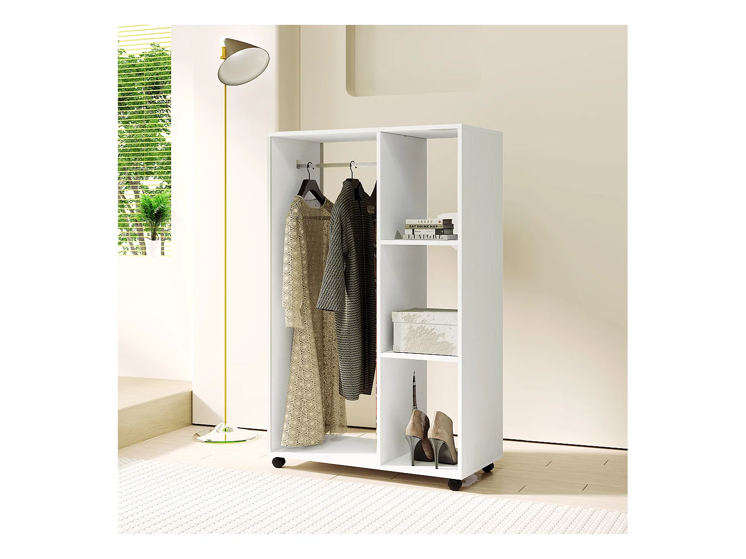 Armoire mobile à roulettes, avec étagères et barre de penderie, bois mélaminé, blanc (80x40x128 cm)