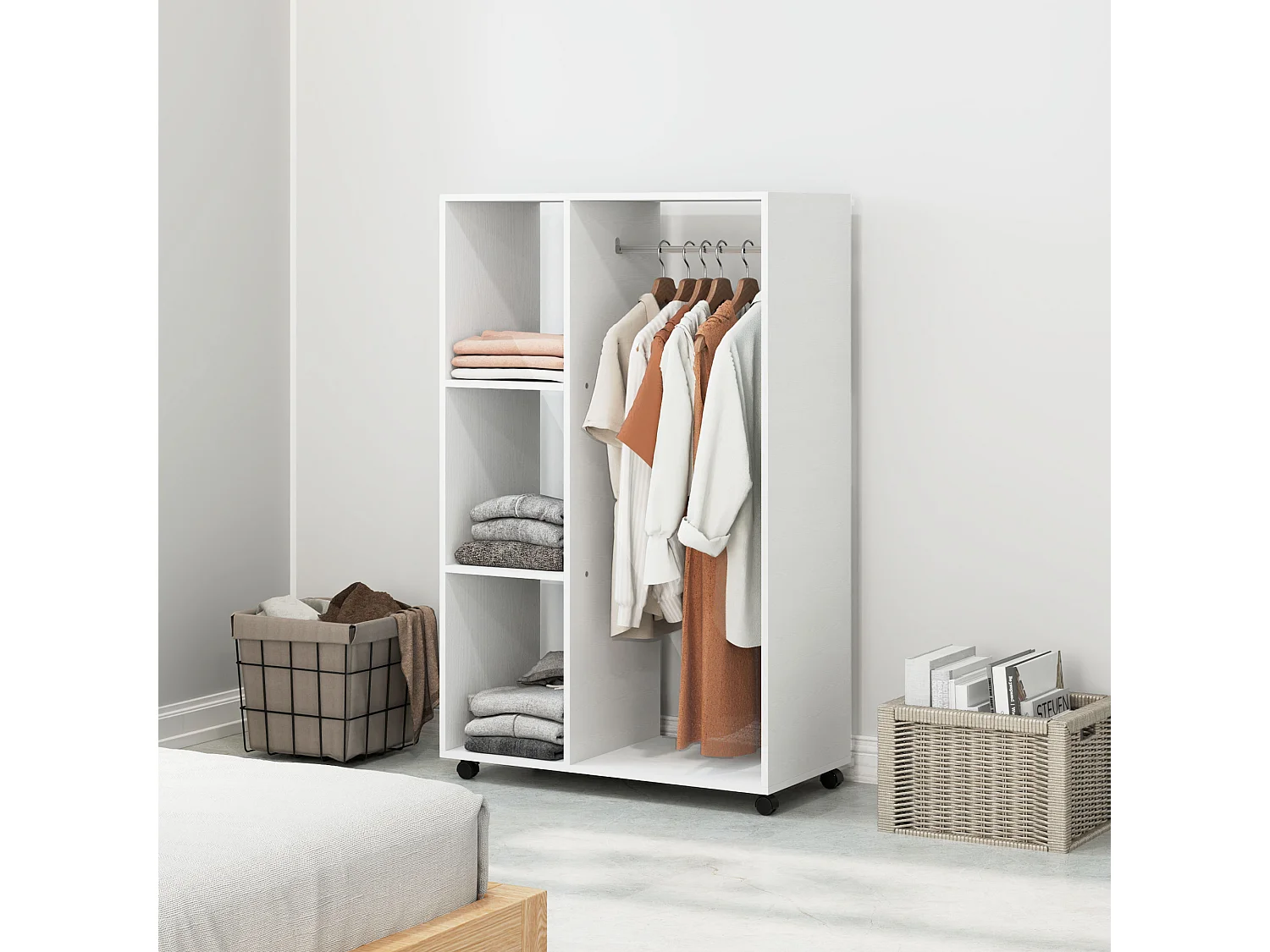 Armoire mobile à roulettes, avec étagères et barre de penderie, bois mélaminé, blanc (80x40x128 cm)