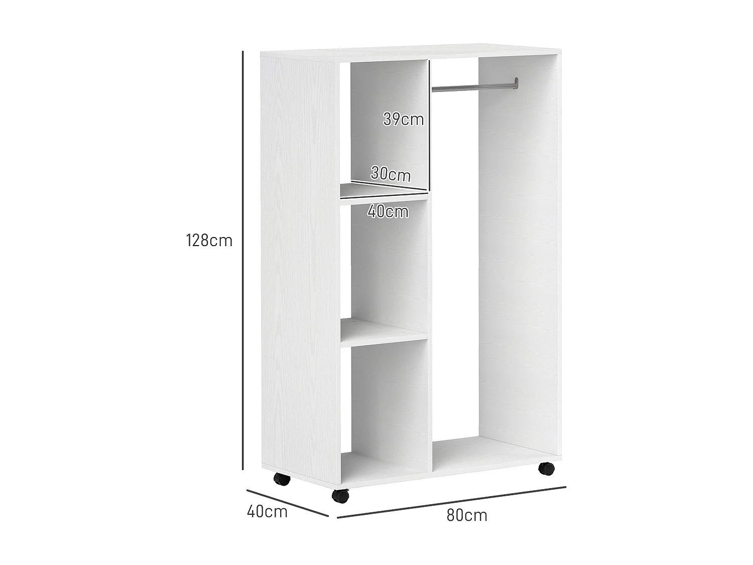 Armoire mobile à roulettes, avec étagères et barre de penderie, bois mélaminé, blanc (80x40x128 cm)