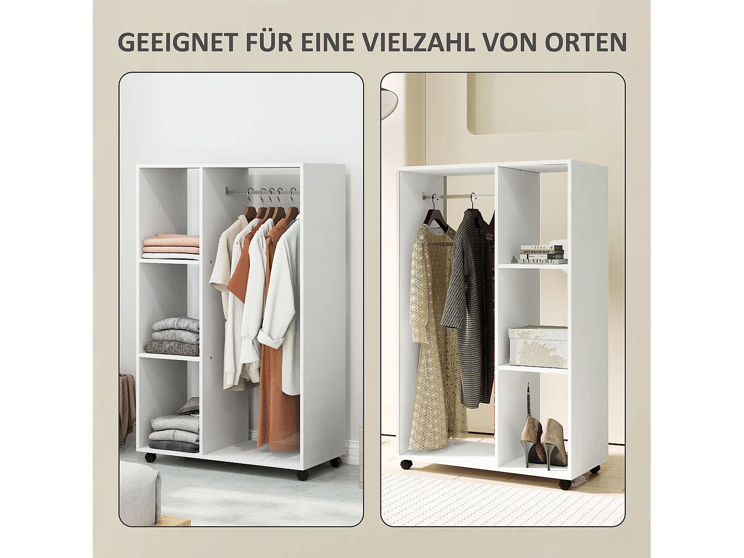 Armoire mobile à roulettes, avec étagères et barre de penderie, bois mélaminé, blanc (80x40x128 cm)