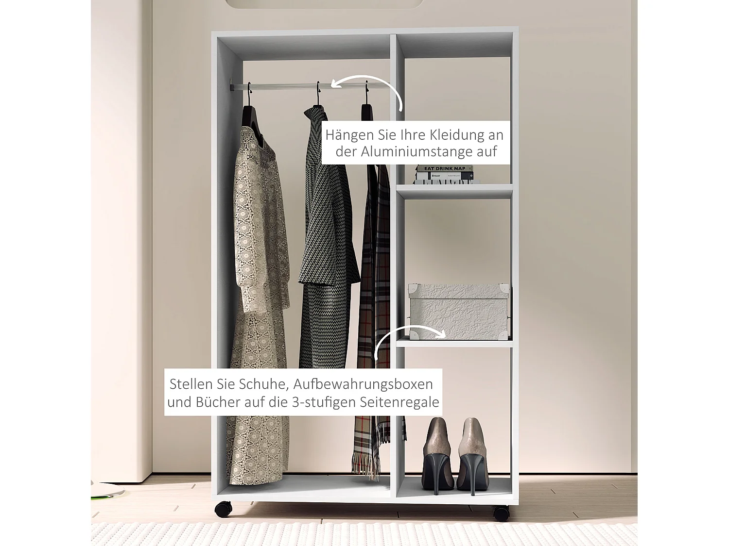 Armoire mobile à roulettes, avec étagères et barre de penderie, bois mélaminé, blanc (80x40x128 cm)