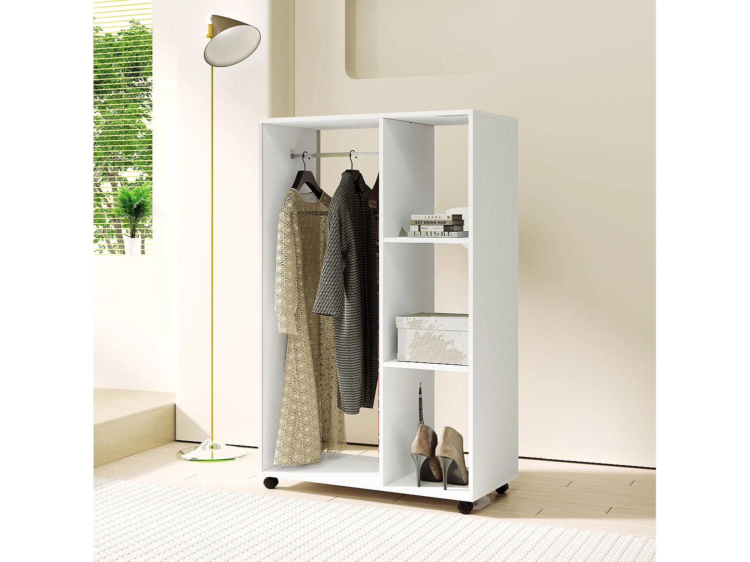 Armoire mobile à roulettes, avec étagères et barre de penderie, bois mélaminé, blanc (80x40x128 cm)