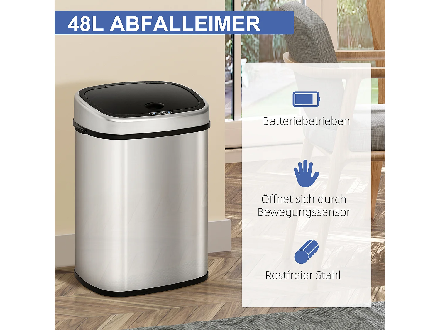 Poubelle automatique 48L avec capteur infrarouge, acier inoxydable, argent (40.5x29.5x57cm)