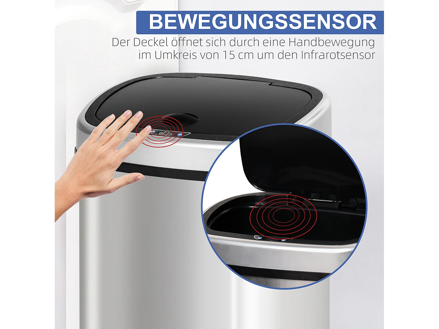 Poubelle automatique 48L avec capteur infrarouge, acier inoxydable, argent (40.5x29.5x57cm)