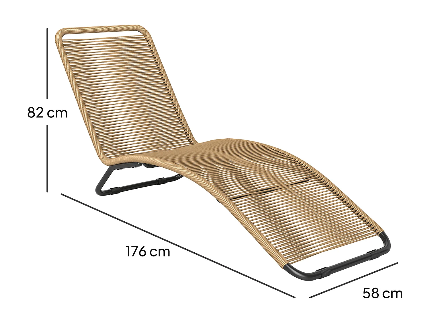 Chaise longue en poly-rattan avec protection UV, supporte jusqu'à 120 kg, cadre en acier, naturel (176x58x82 cm)