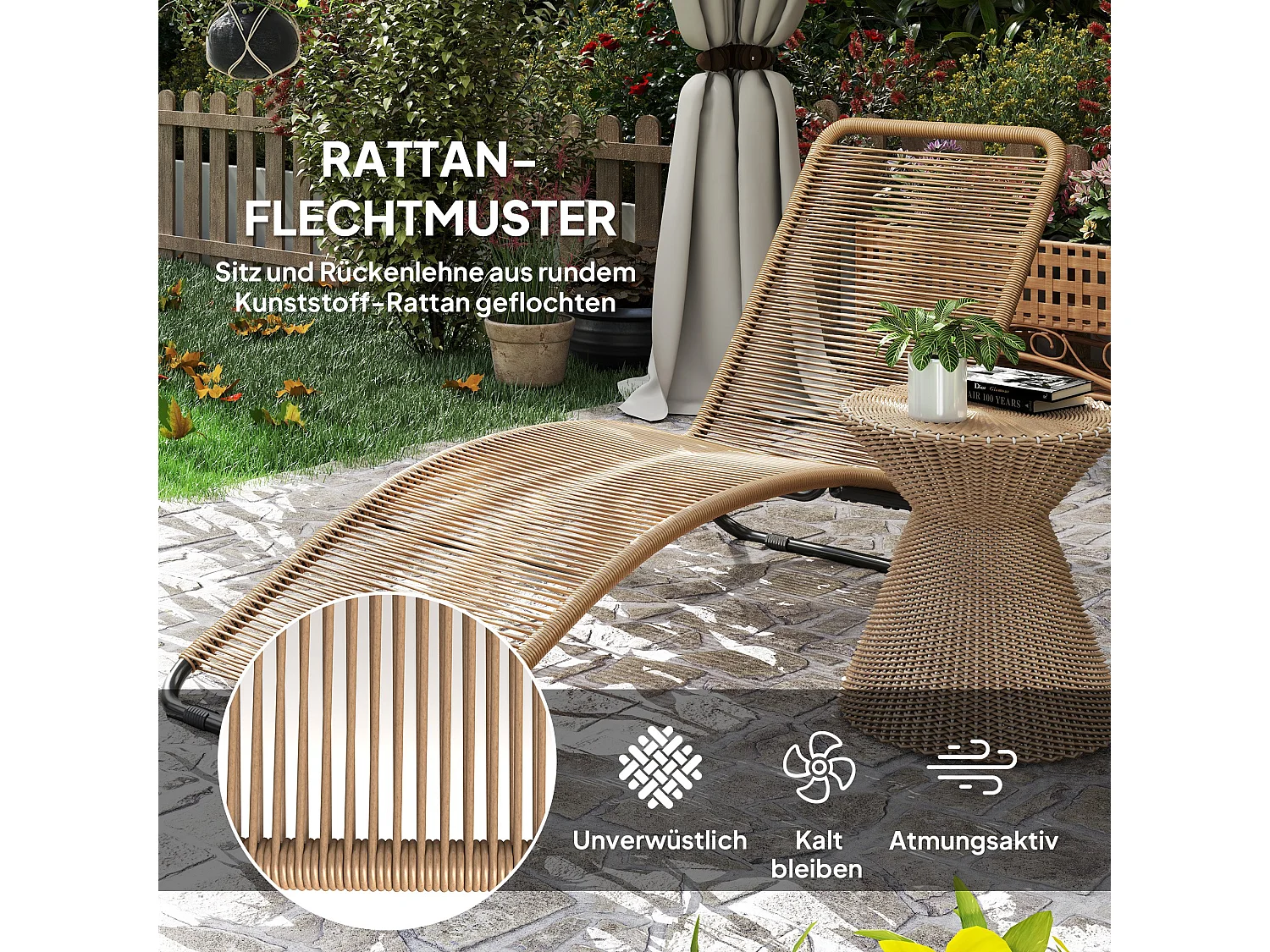 Chaise longue en poly-rattan avec protection UV, supporte jusqu'à 120 kg, cadre en acier, naturel (176x58x82 cm)