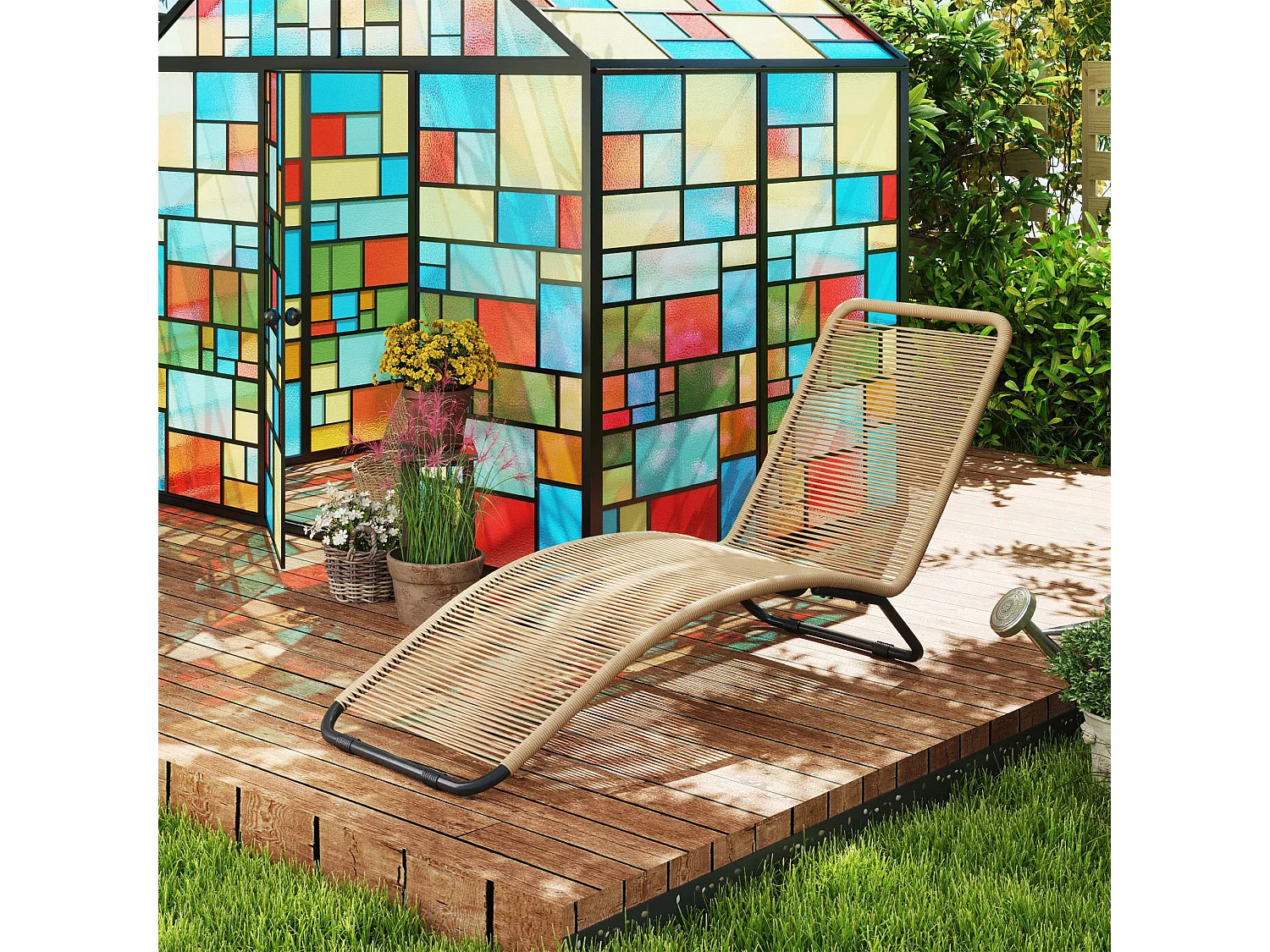 Chaise longue en poly-rattan avec protection UV, supporte jusqu'à 120 kg, cadre en acier, naturel (176x58x82 cm)