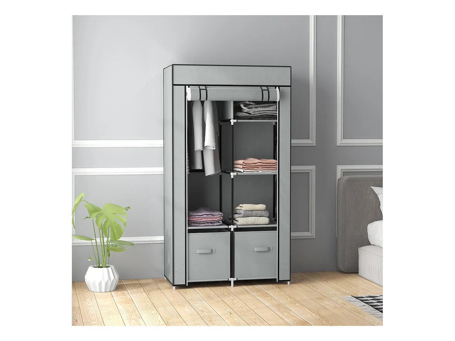 Armoire textile pliable avec 5 compartiments et tringle, structure acier, gris clair (83x42.5x162.5cm)