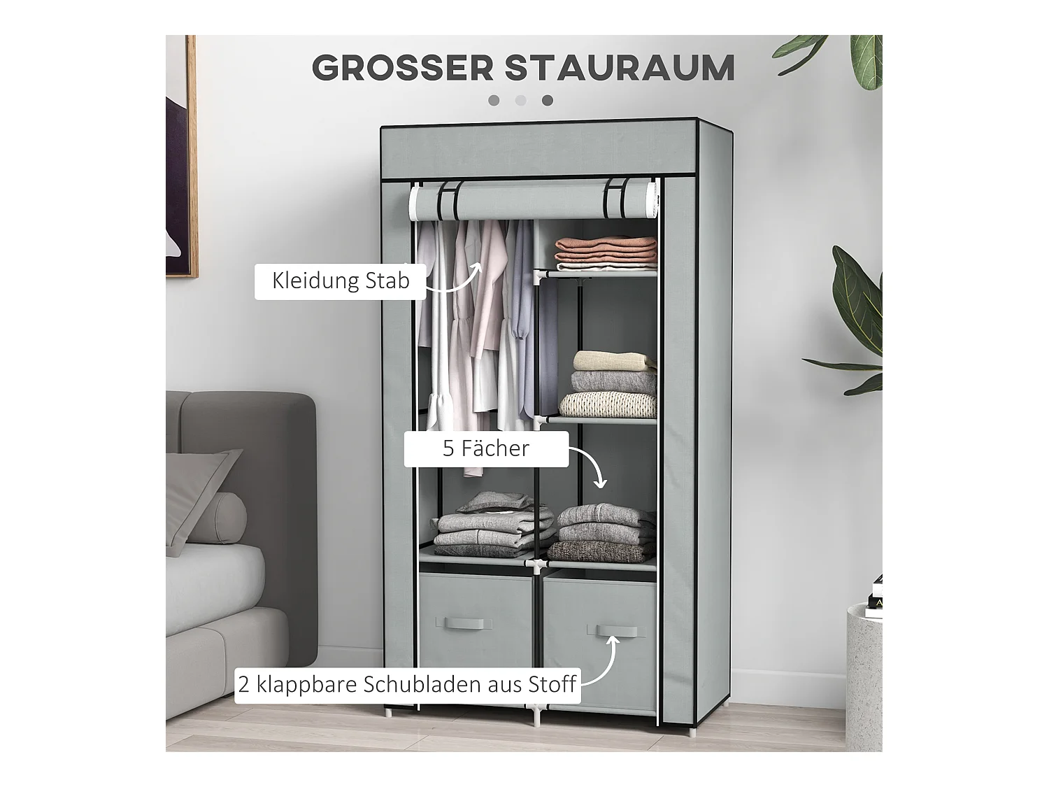 Armoire textile pliable avec 5 compartiments et tringle, structure acier, gris clair (83x42.5x162.5cm)