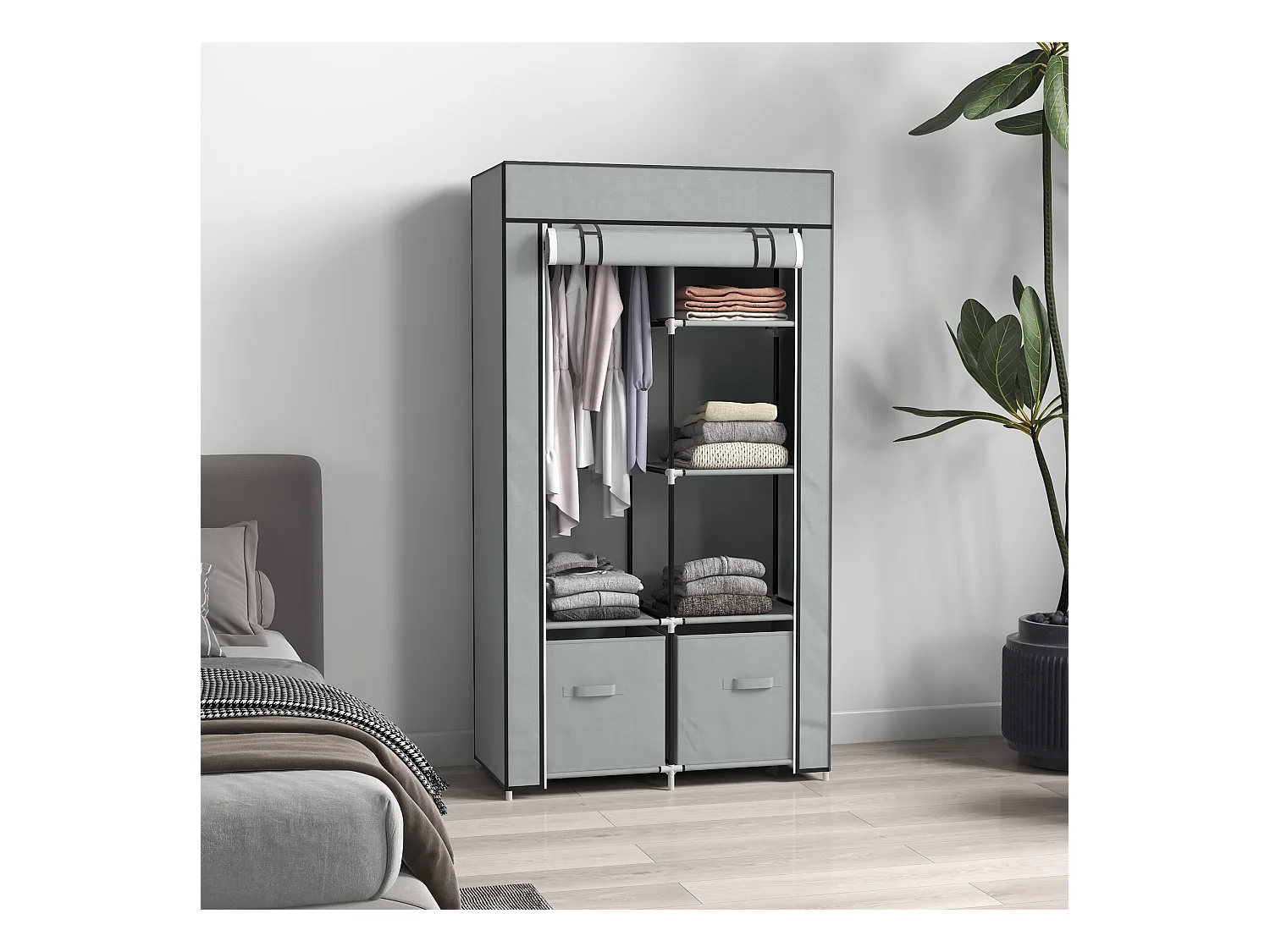 Armoire textile pliable avec 5 compartiments et tringle, structure acier, gris clair (83x42.5x162.5cm)
