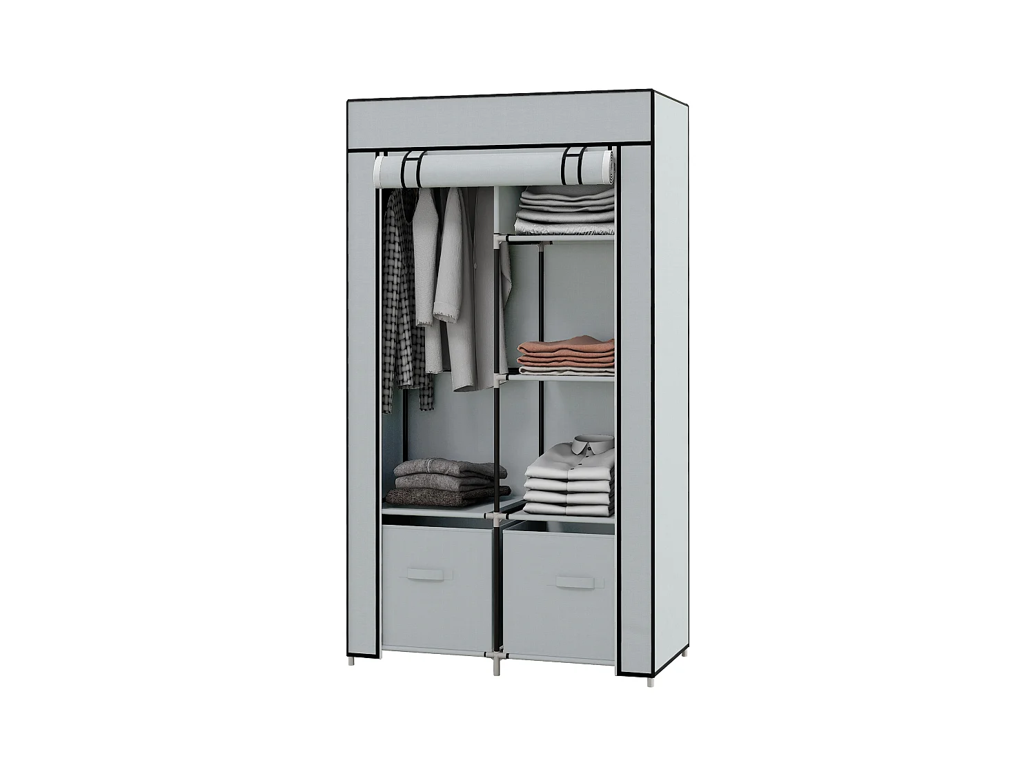Armario textil plegable con 5 compartimentos y barra, estructura de acero, color gris claro (83x42,5x162,5cm)