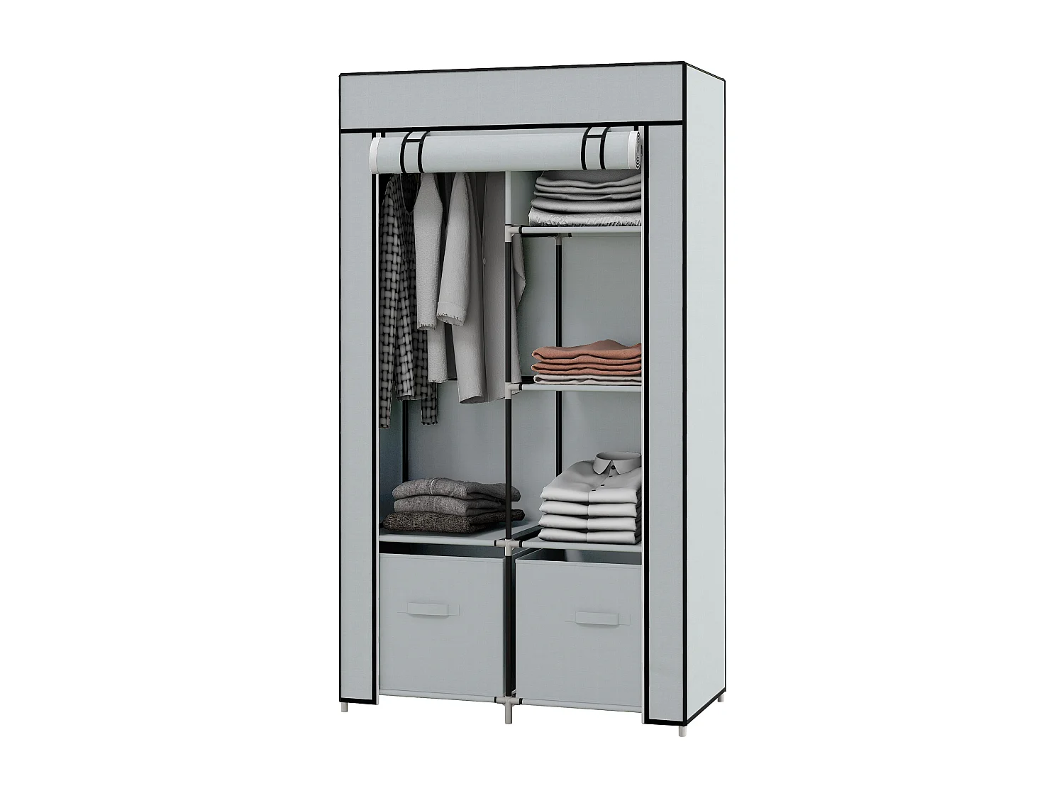 Armoire textile pliable avec 5 compartiments et tringle, structure acier, gris clair (83x42.5x162.5cm)