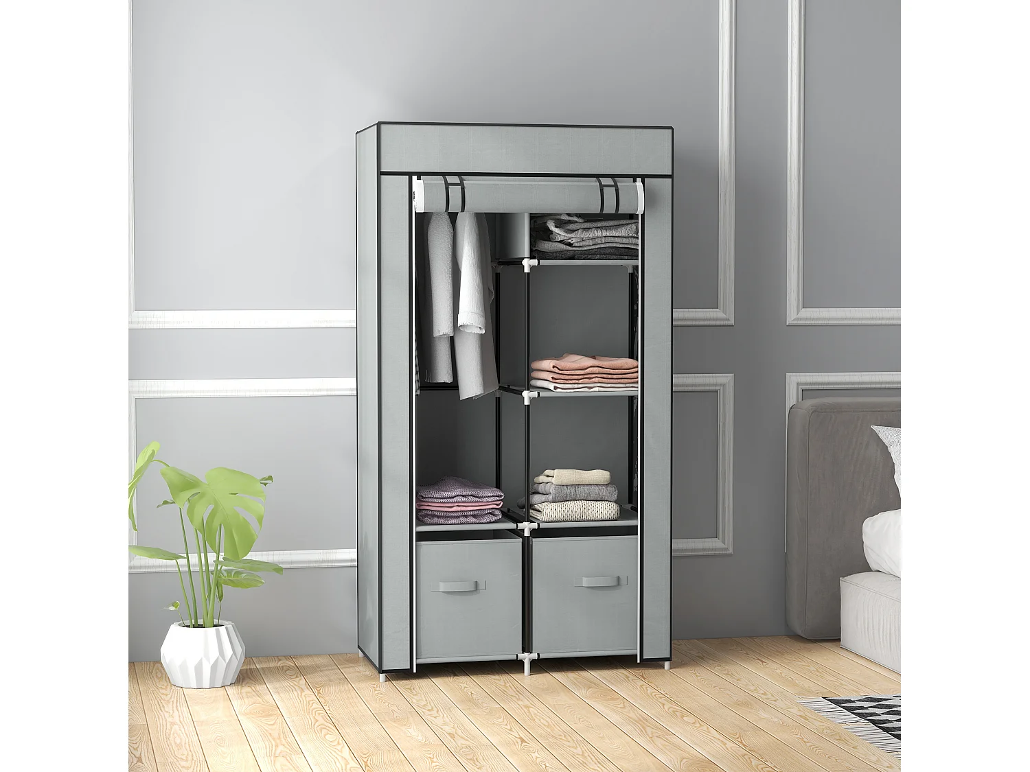 Armoire textile pliable avec 5 compartiments et tringle, structure acier, gris clair (83x42.5x162.5cm)