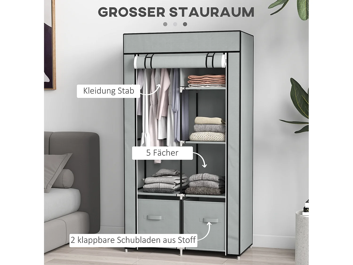 Armoire textile pliable avec 5 compartiments et tringle, structure acier, gris clair (83x42.5x162.5cm)