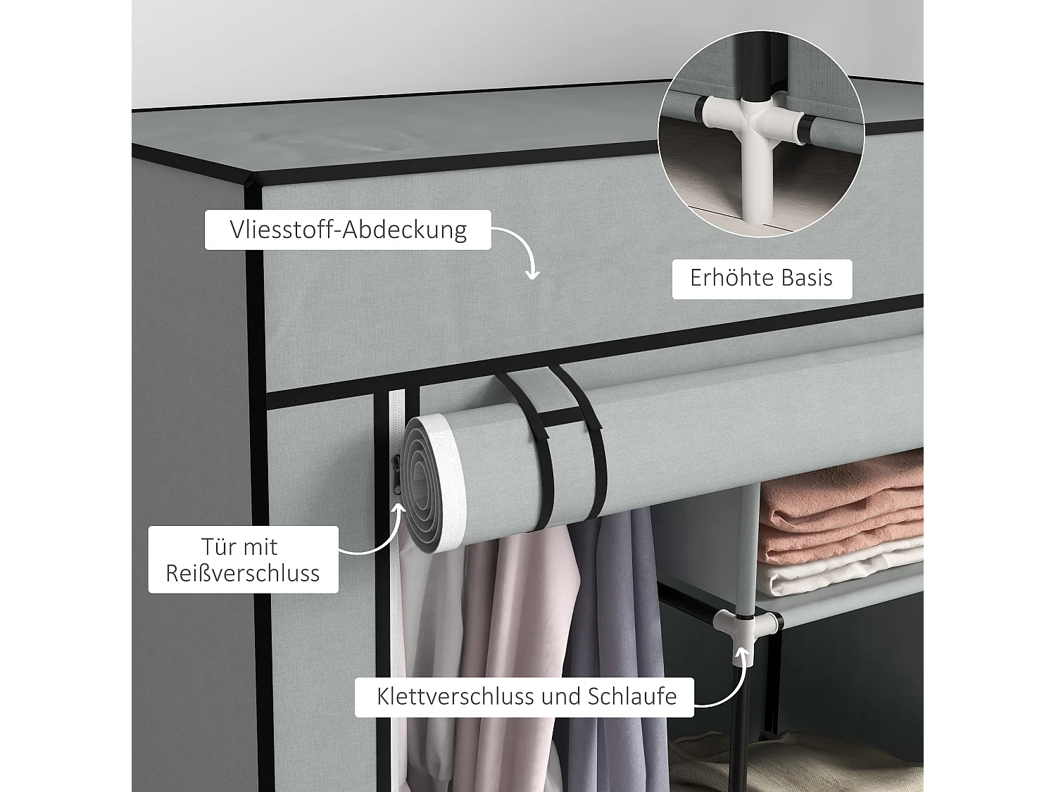 Armoire textile pliable avec 5 compartiments et tringle, structure acier, gris clair (83x42.5x162.5cm)