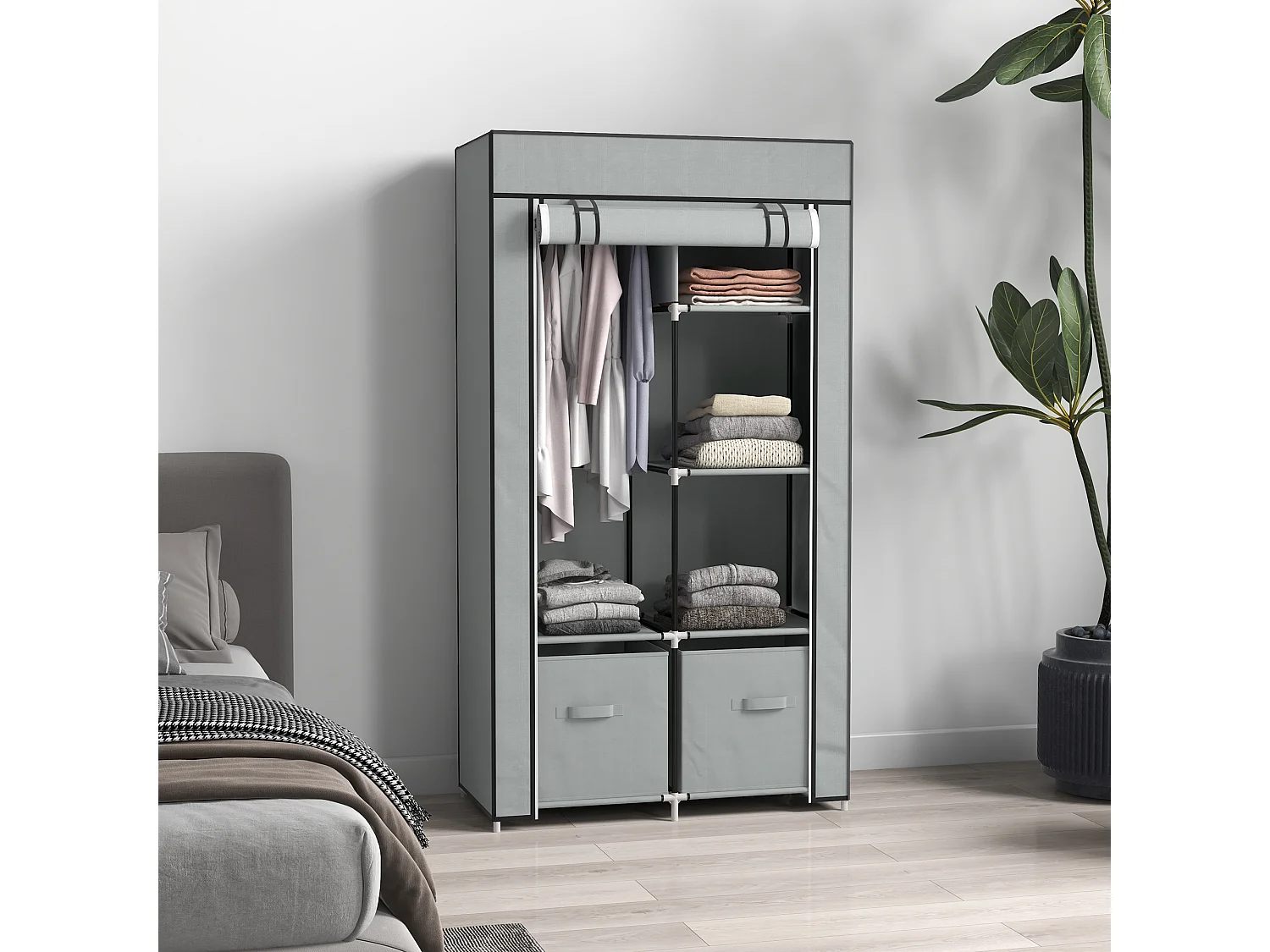 Armoire textile pliable avec 5 compartiments et tringle, structure acier, gris clair (83x42.5x162.5cm)