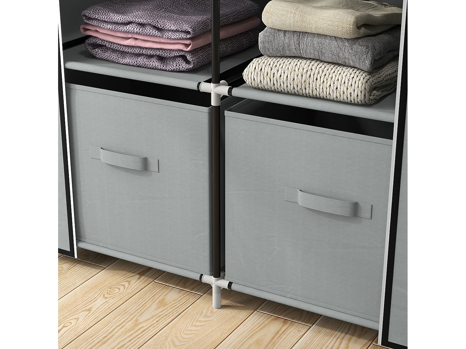 Armoire textile pliable avec 5 compartiments et tringle, structure acier, gris clair (83x42.5x162.5cm)