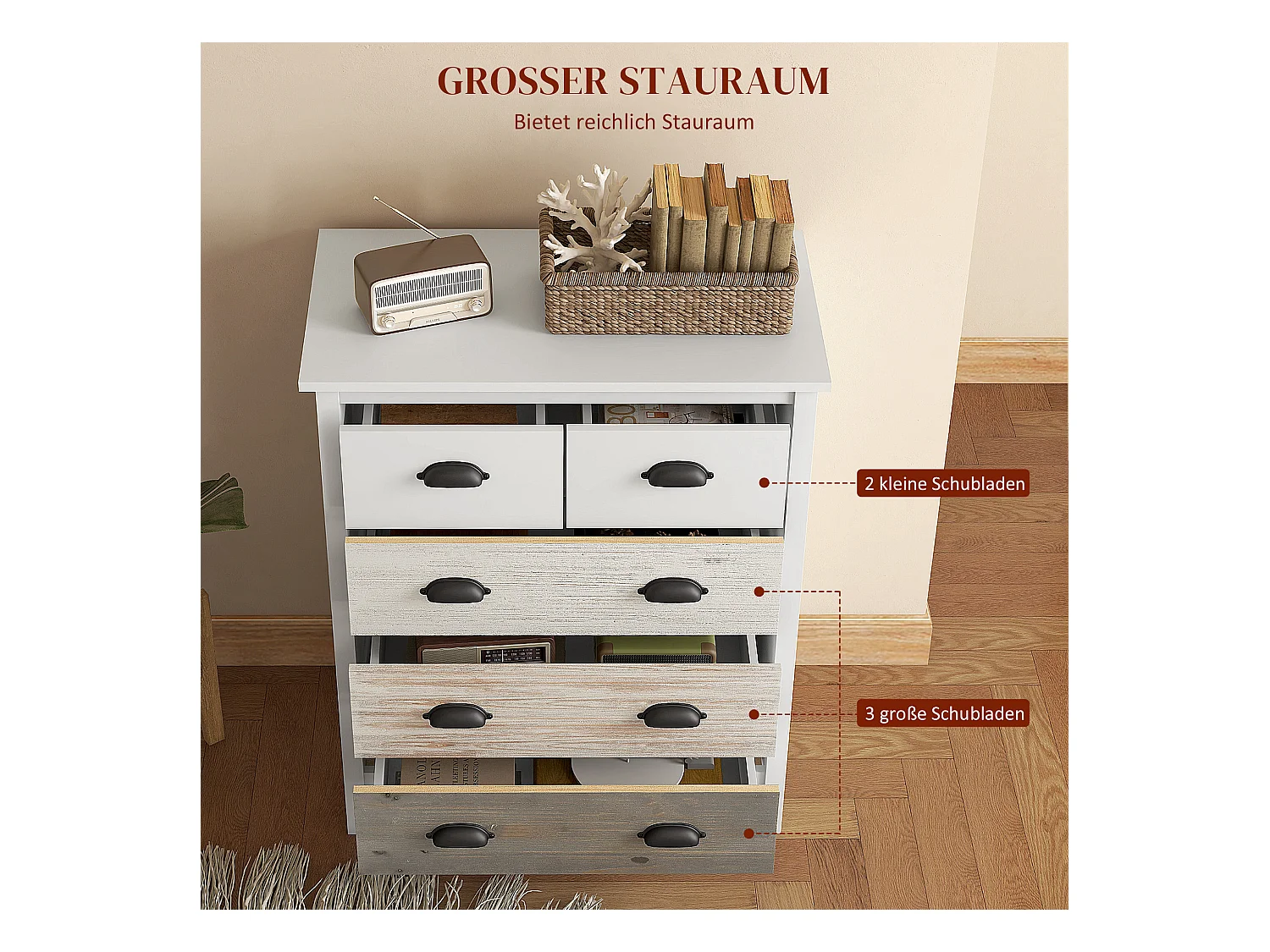 Commode 5 tiroirs avec protection anti-basculement, MDF, blanc (70x38x85cm)