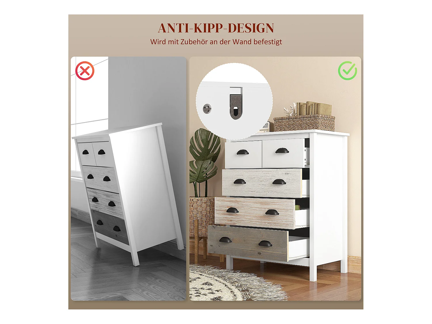 Commode 5 tiroirs avec protection anti-basculement, MDF, blanc (70x38x85cm)