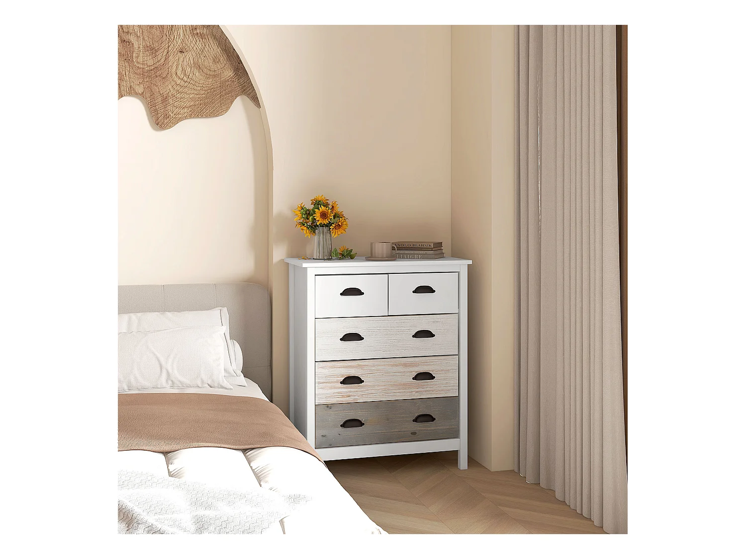 Commode 5 tiroirs avec protection anti-basculement, MDF, blanc (70x38x85cm)