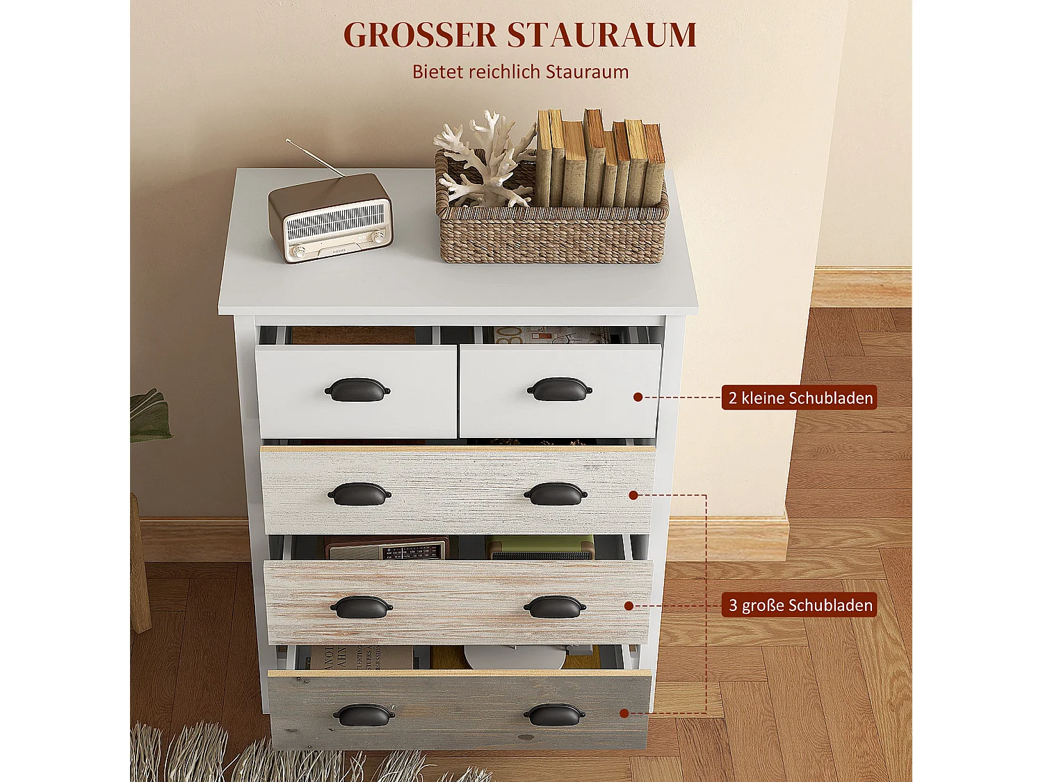 Commode 5 tiroirs avec protection anti-basculement, MDF, blanc (70x38x85cm)