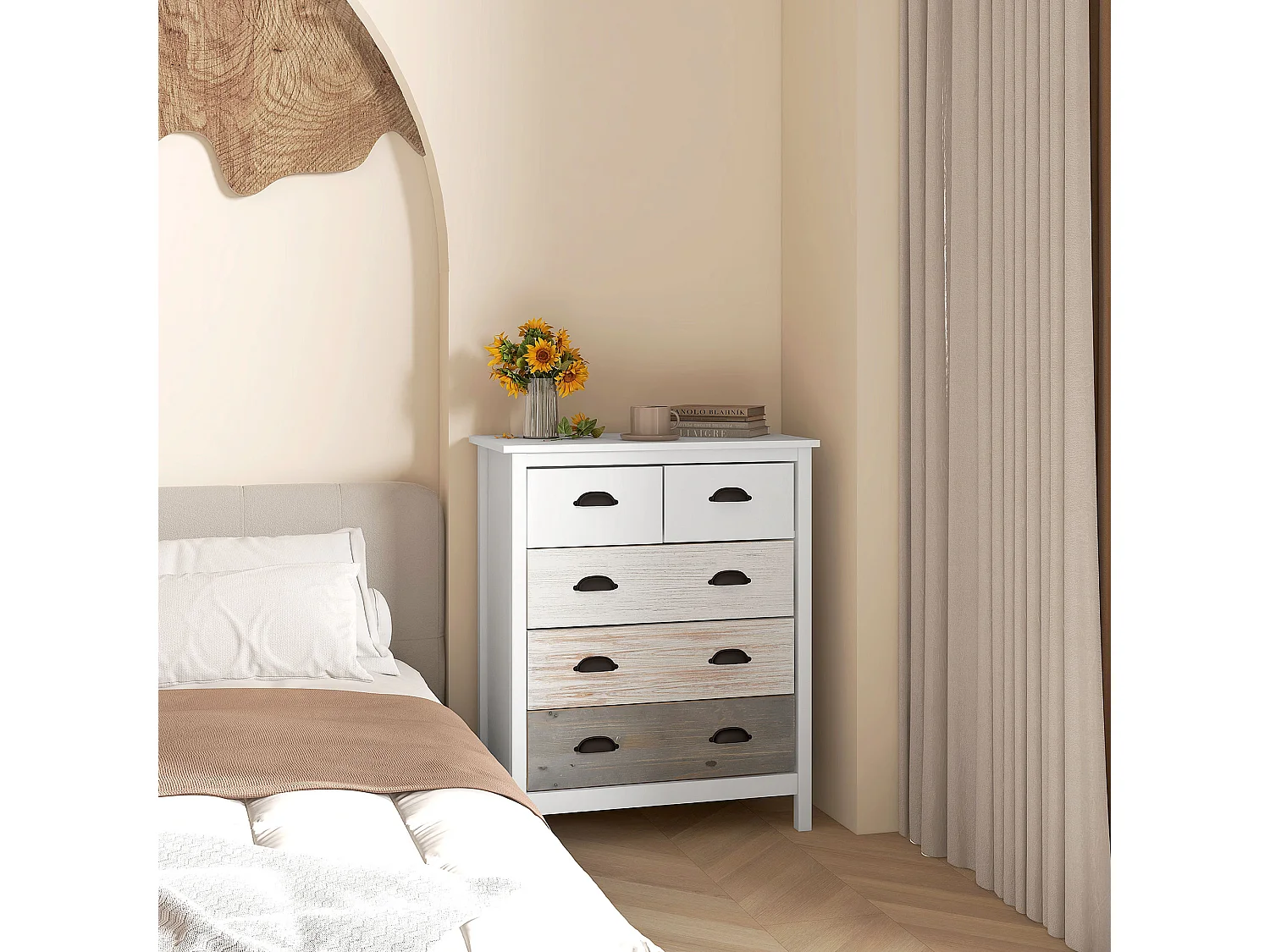 Commode 5 tiroirs avec protection anti-basculement, MDF, blanc (70x38x85cm)