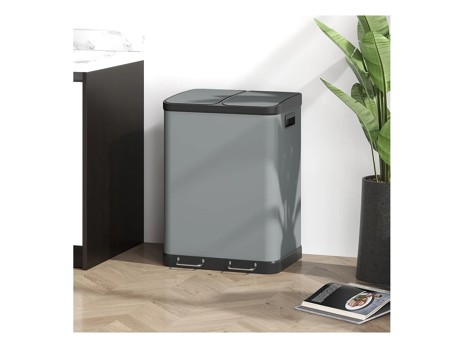 Poubelle à pédale double compartiment 2x30L, métal gris avec couvercle et seaux intérieurs (48.8x39.5x67cm)