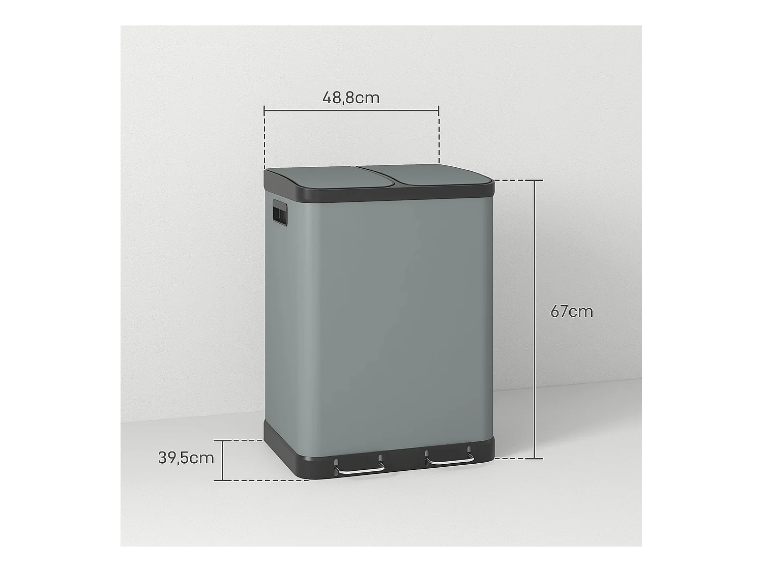 Poubelle à pédale double compartiment 2x30L, métal gris avec couvercle et seaux intérieurs (48.8x39.5x67cm)