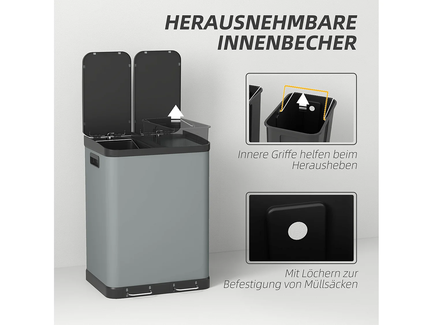 Poubelle à pédale double compartiment 2x30L, métal gris avec couvercle et seaux intérieurs (48.8x39.5x67cm)