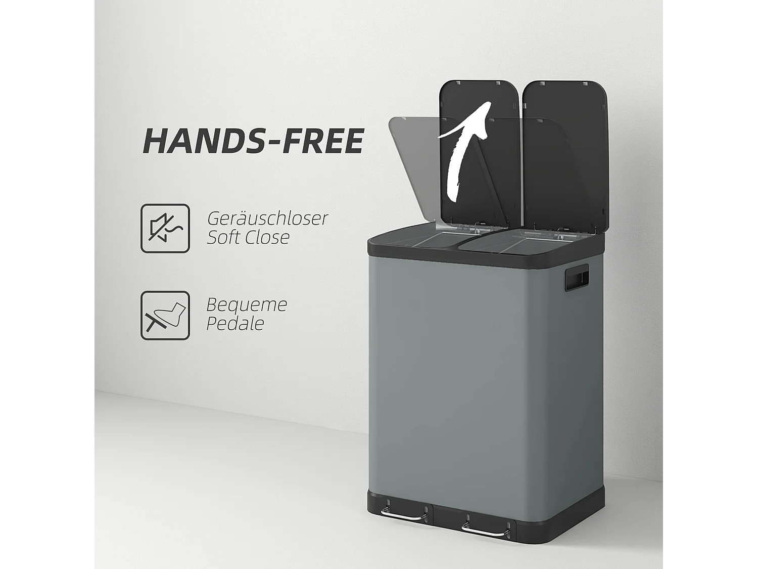 Poubelle à pédale double compartiment 2x30L, métal gris avec couvercle et seaux intérieurs (48.8x39.5x67cm)