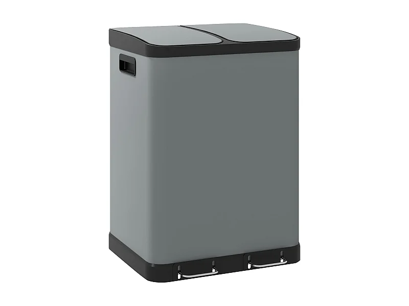 Poubelle à pédale double compartiment 2x30L, métal gris avec couvercle et seaux intérieurs (48.8x39.5x67cm)