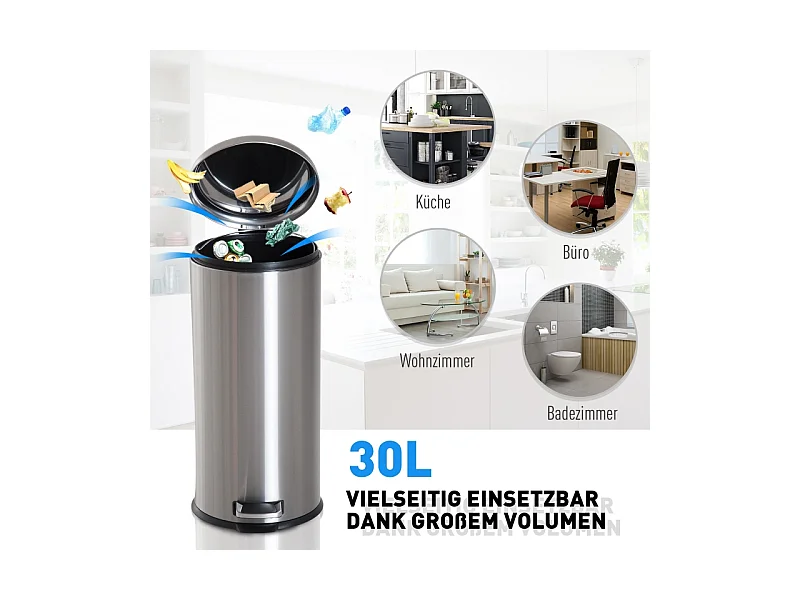 Poubelle à pédale 30L en acier inoxydable avec couvercle rabattable, avec seau intérieur, pour cuisine et salle de bain (29.2x29.2x62.9 cm)