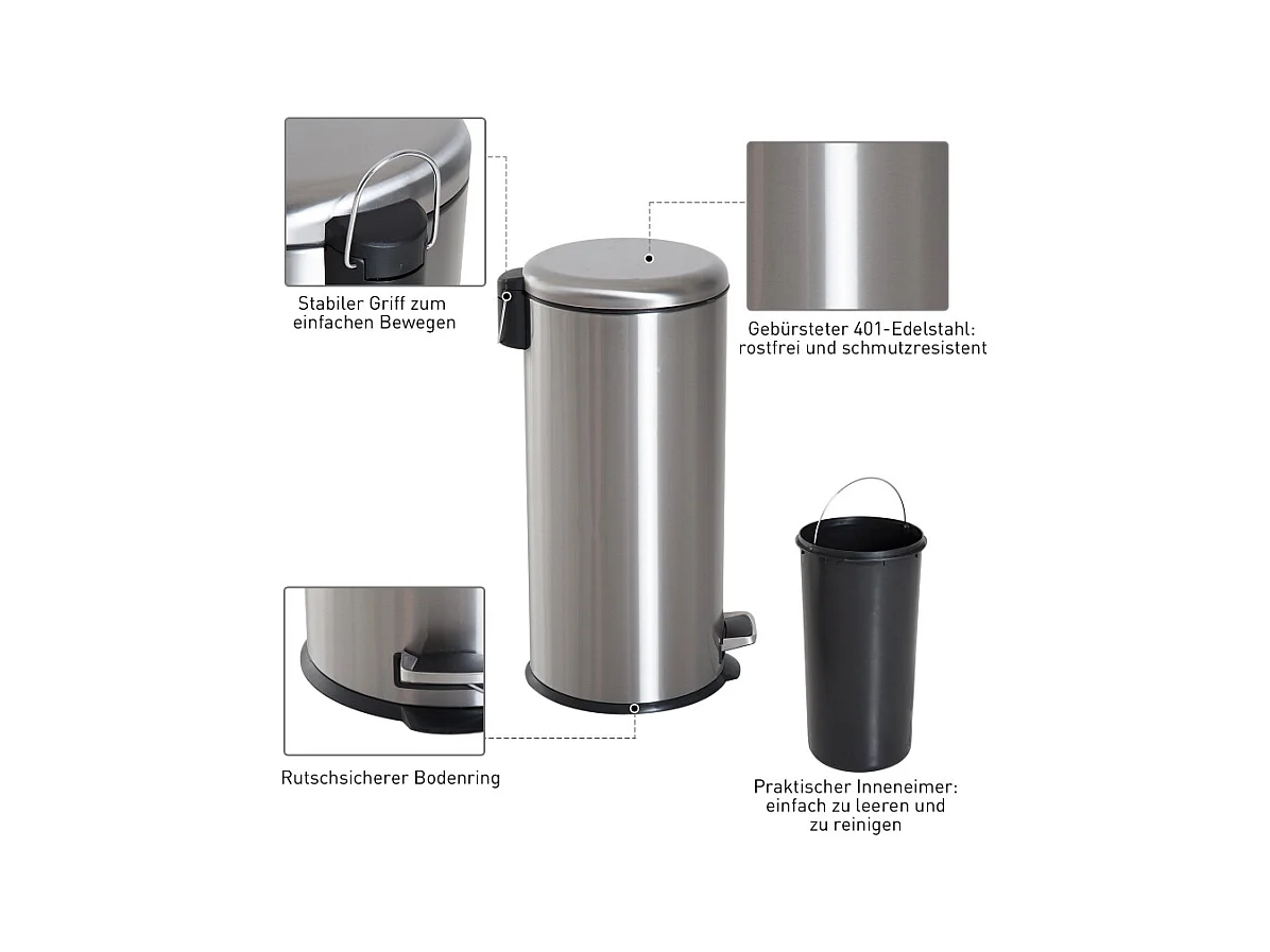 Poubelle à pédale 30L en acier inoxydable avec couvercle rabattable, avec seau intérieur, pour cuisine et salle de bain (29.2x29.2x62.9 cm)