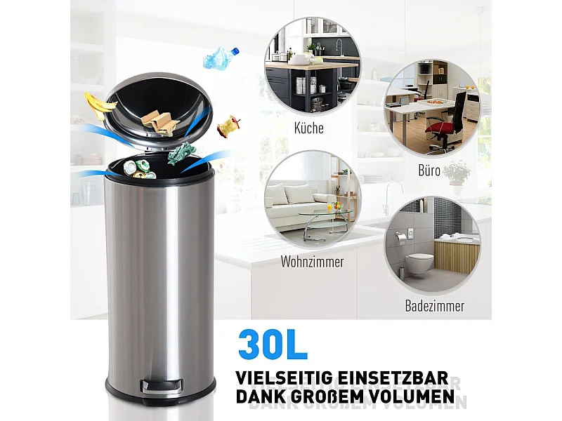 Poubelle à pédale 30L en acier inoxydable avec couvercle rabattable, avec seau intérieur, pour cuisine et salle de bain (29.2x29.2x62.9 cm)
