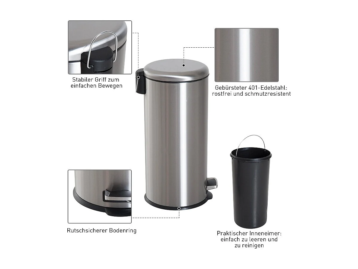 Poubelle à pédale 30L en acier inoxydable avec couvercle rabattable, avec seau intérieur, pour cuisine et salle de bain (29.2x29.2x62.9 cm)