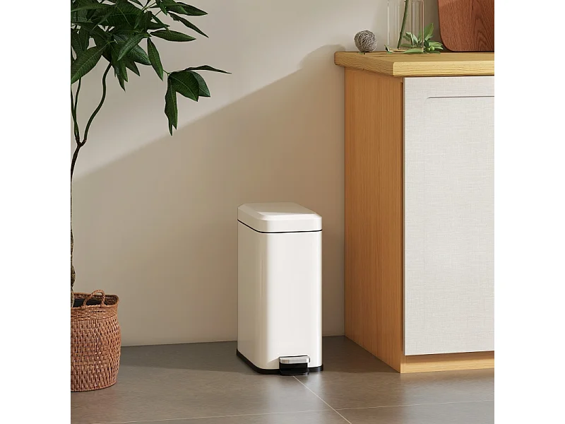 Poubelle à pédale 5L, métal avec couvercle et seau intérieur, blanc (29.2x14x32cm)