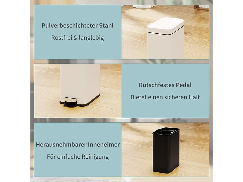 Poubelle à pédale 5L, métal avec couvercle et seau intérieur, blanc (29.2x14x32cm)