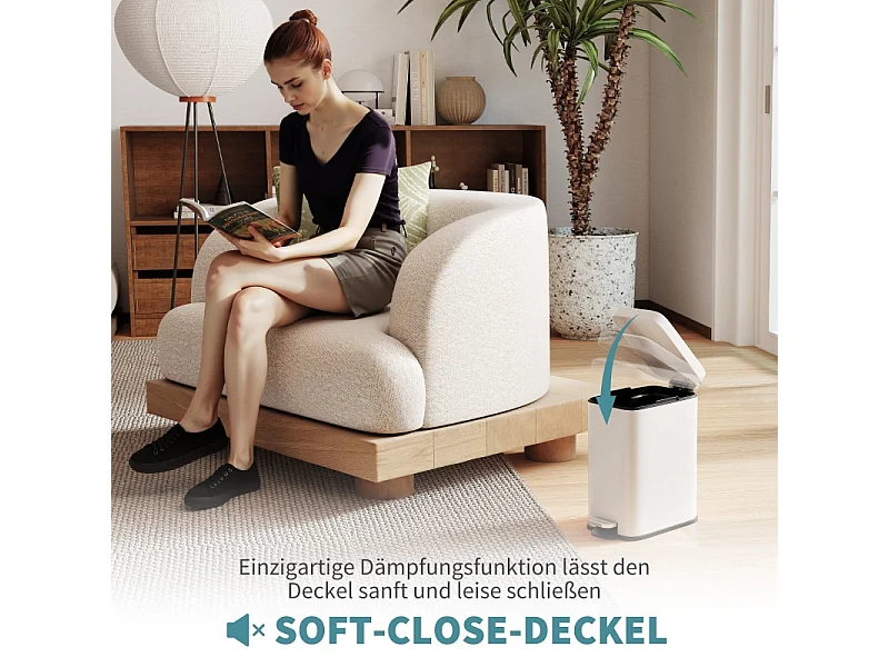 Poubelle à pédale 5L, métal avec couvercle et seau intérieur, blanc (29.2x14x32cm)