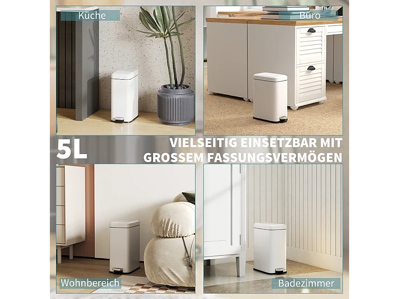 Poubelle à pédale 5L, métal avec couvercle et seau intérieur, blanc (29.2x14x32cm)