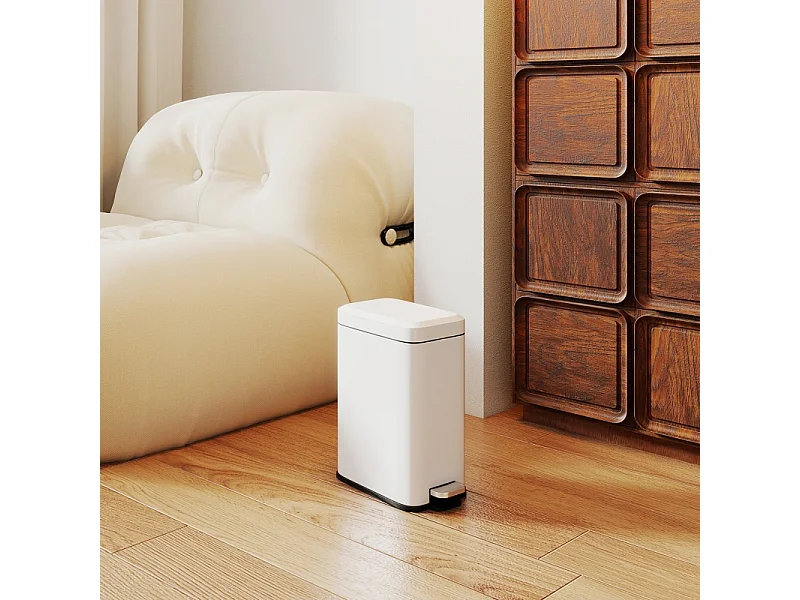 Poubelle à pédale 5L, métal avec couvercle et seau intérieur, blanc (29.2x14x32cm)