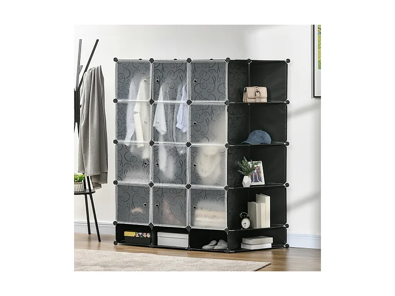 Armoire modulaire DIY avec 16 compartiments et 2 tringles, système de rangement pour vêtements, chaussures, plastique, noir (145x46x162 cm)