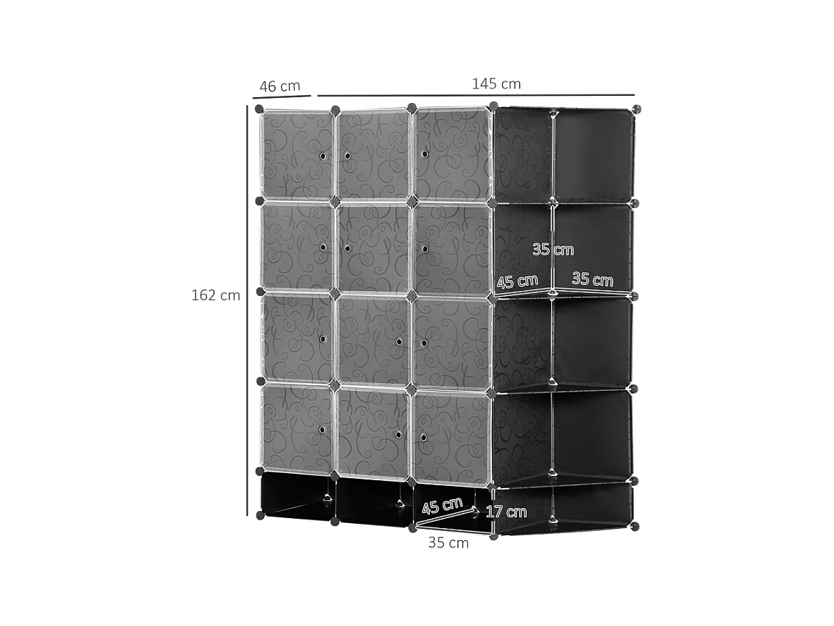 Armoire modulaire DIY avec 16 compartiments et 2 tringles, système de rangement pour vêtements, chaussures, plastique, noir (145x46x162 cm)