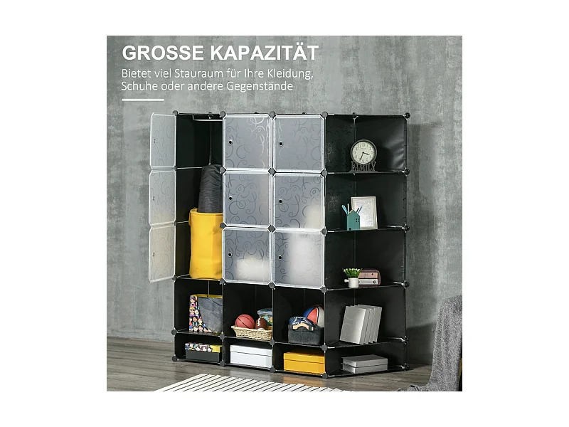 Armoire modulaire DIY avec 16 compartiments et 2 tringles, système de rangement pour vêtements, chaussures, plastique, noir (145x46x162 cm)